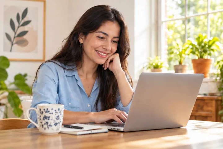 Mujer sonriendo mientras llena su CV en una laptop