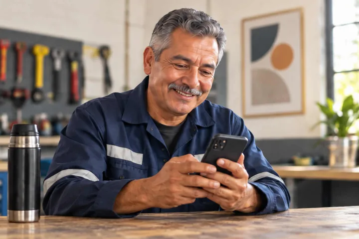 Técnico mecánico sonriendo mientras usa su celular en el taller