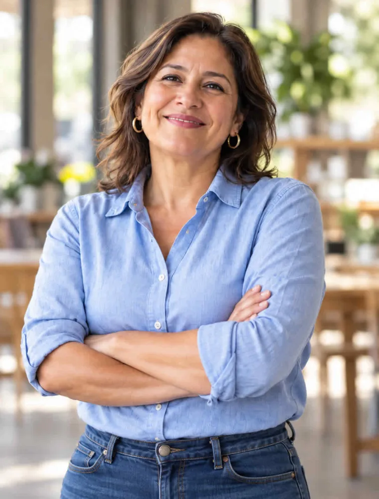 Mujer sonriendo con los brazos cruzados en su lugar de trabajo