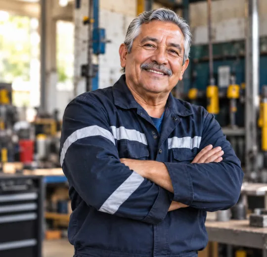 Técnico mecánico sonriendo en su taller