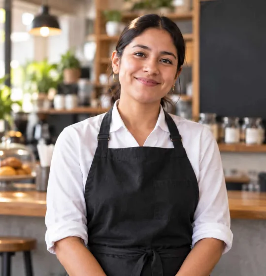 Barista sonriendo detrás del mostrador de una cafetería
