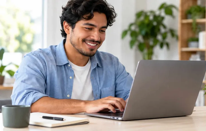 Hombre joven llenando su currículum en una laptop