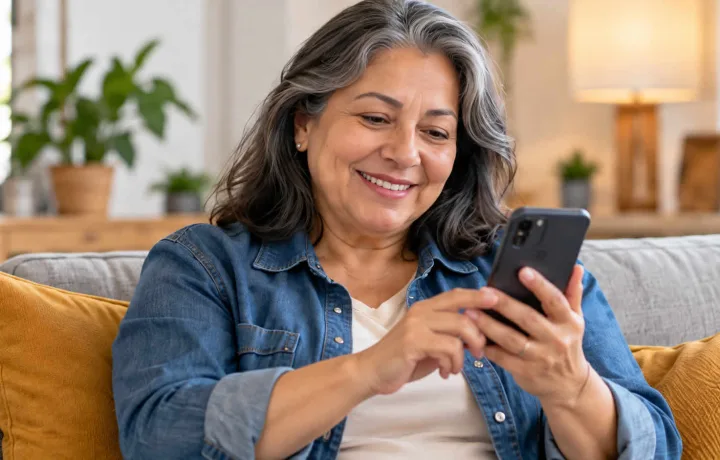 Mujer leyendo un mensaje en su teléfono desde casa