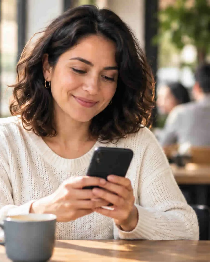 Mujer sonriendo mientras revisa su celular en una cafetería