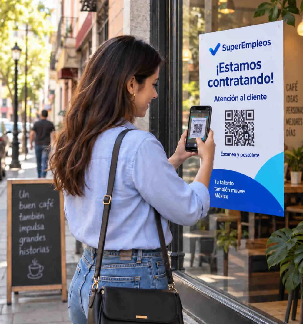 Mujer escaneando con su celular el código QR de un letrero de vacante en la calle